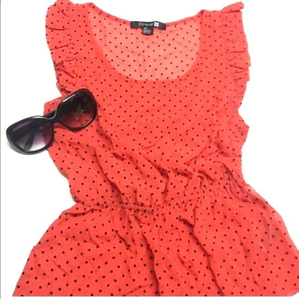 FOREVER21 Women's Top Red Peplum Sleeveless Blouse Ruffle polka dots S